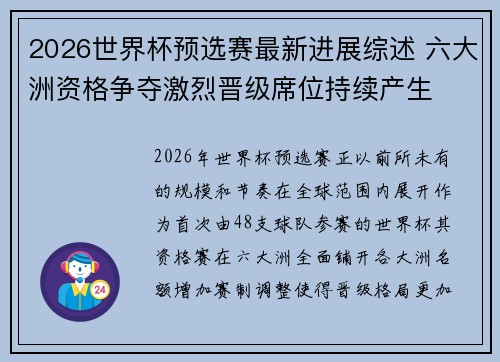 2026世界杯预选赛最新进展综述 六大洲资格争夺激烈晋级席位持续产生